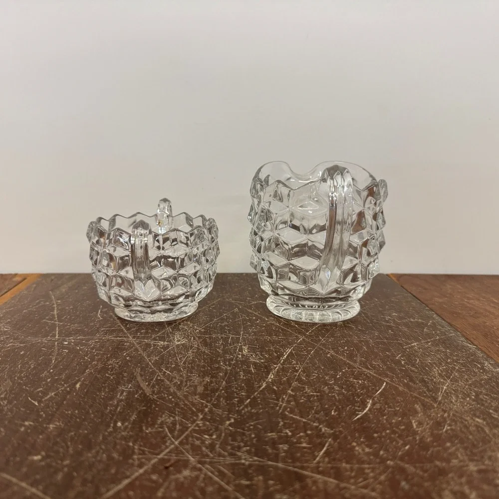 Vintage Clear‎ Glass Creamer & Sugar Set Cubist Pattern Serving Set